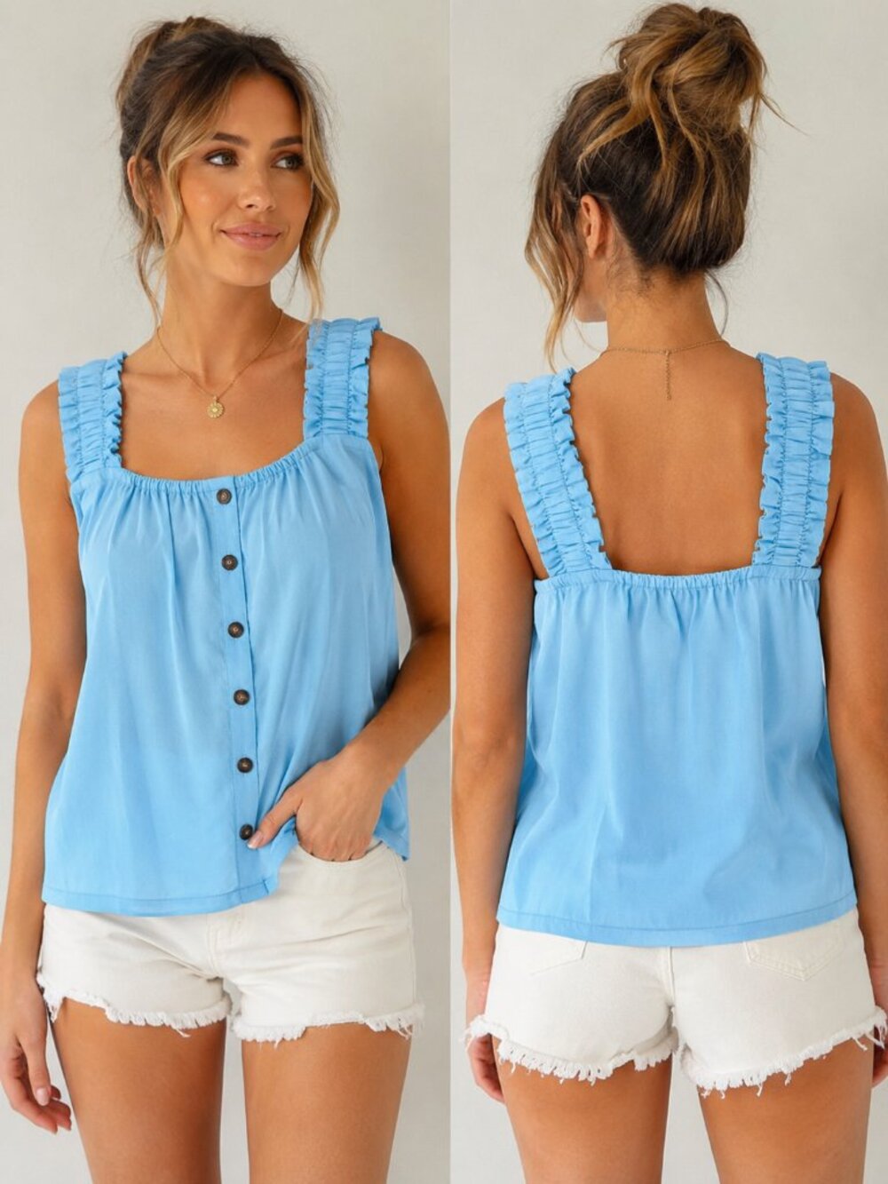 NWT Lola Grace Light Blue Ruffle Strap Button Front Tank Top M